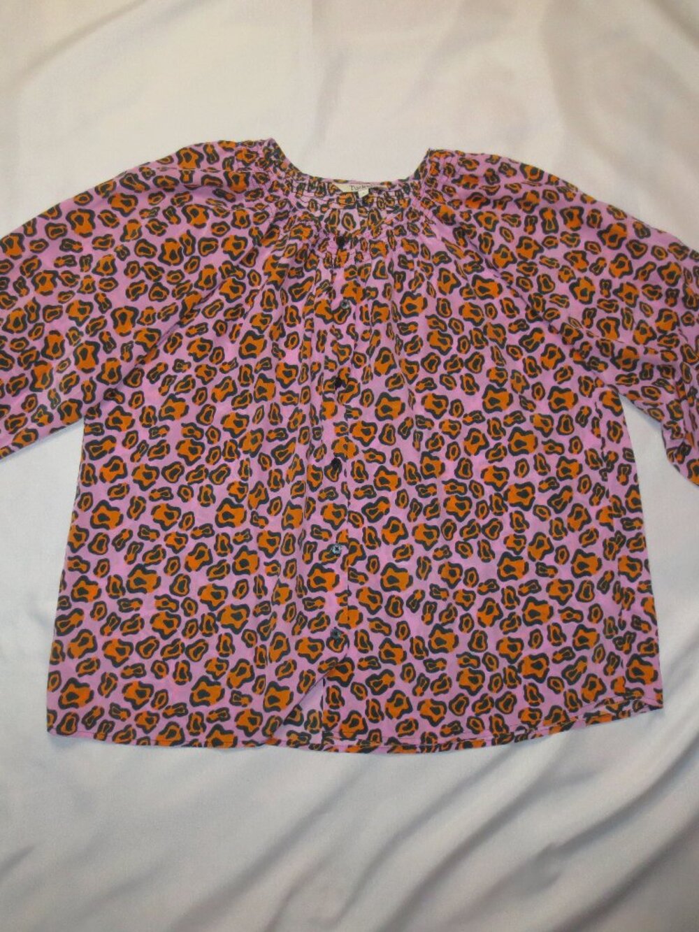 TUCKER womens BLOUSE purple ANIMAL PRINT orange SILK SIZE L